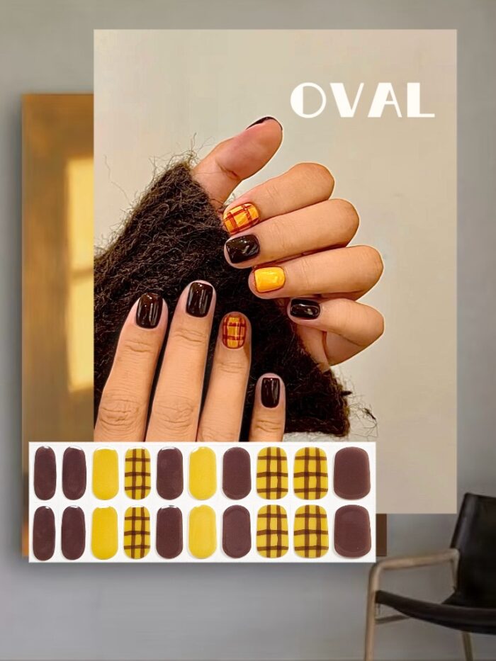 [Cure in 40s with Lamp] Autumn Brown & Yellow Plaid Gel Nail Wraps (Oval Shape) - 20pcs Self-Adhesive, Instant Hardening Nail Tips - Image 1