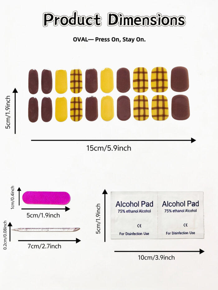 [Cure in 40s with Lamp] Autumn Brown & Yellow Plaid Gel Nail Wraps (Oval Shape) - 20pcs Self-Adhesive, Instant Hardening Nail Tips - Image 4