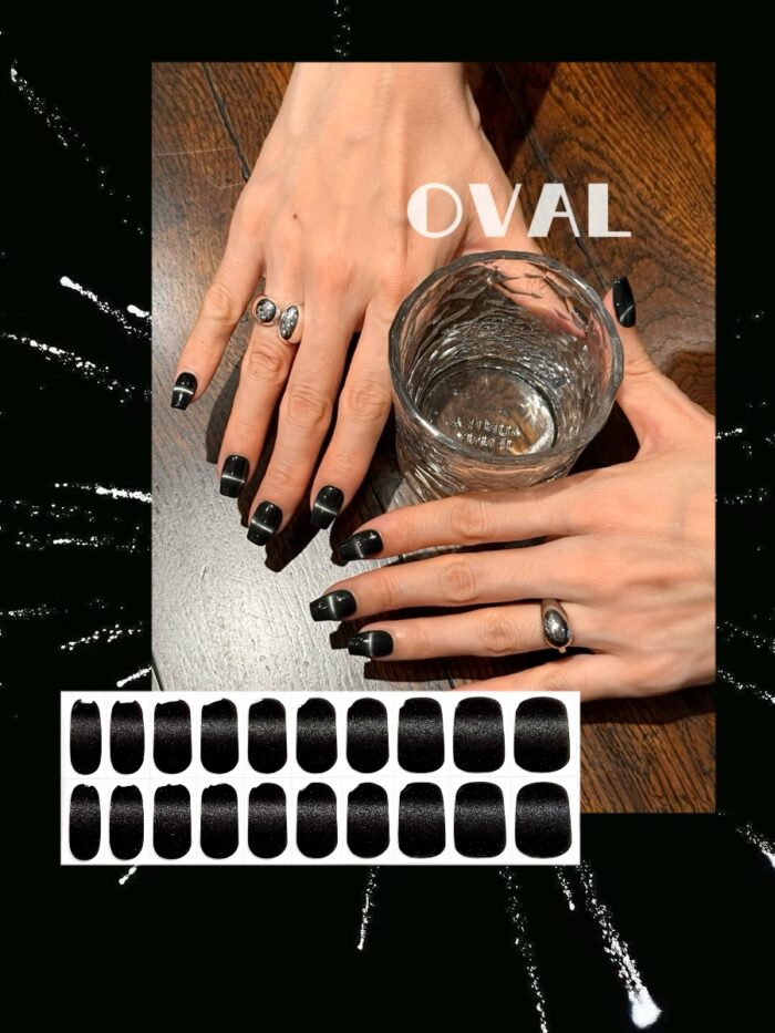 [Cure in 40s with Lamp] Black Diamond Cat-Eye Gel Nail Wraps (Oval Shape) - 20pcs Self-Adhesive, Instant Hardening Nail Tips - Image 1