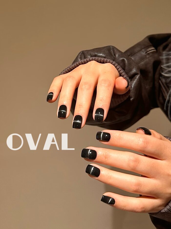 [Cure in 40s with Lamp] Black Diamond Cat-Eye Gel Nail Wraps (Oval Shape) - 20pcs Self-Adhesive, Instant Hardening Nail Tips - Image 2