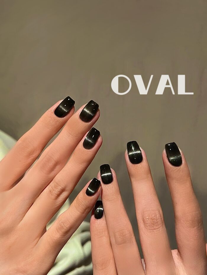[Cure in 40s with Lamp] Black Diamond Cat-Eye Gel Nail Wraps (Oval Shape) - 20pcs Self-Adhesive, Instant Hardening Nail Tips - Image 3