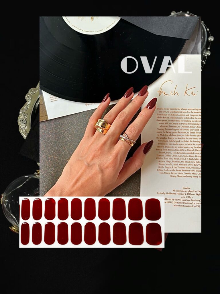 [Cure in 40s with Lamp] Burgundy Gel Nail Wraps (Oval Shape) – 20pcs Self-Adhesive, Instant Hardening Nail Tips