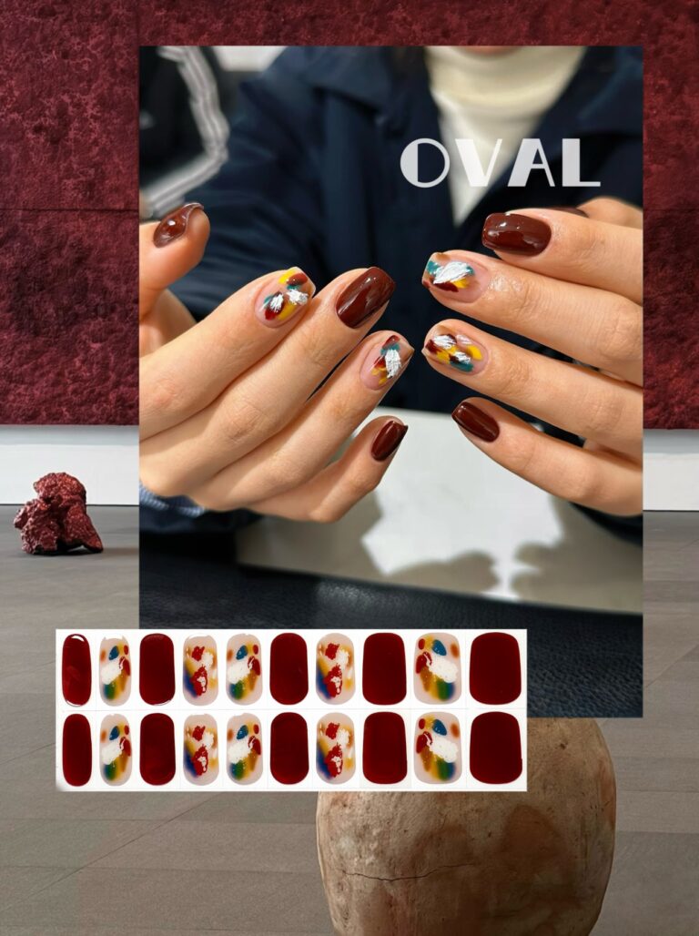 [Cure in 40s with Lamp] Burgundy Splatter Art Gel Nail Wraps (Oval Shape) – 20pcs Self-Adhesive, Instant Hardening Nail Tips