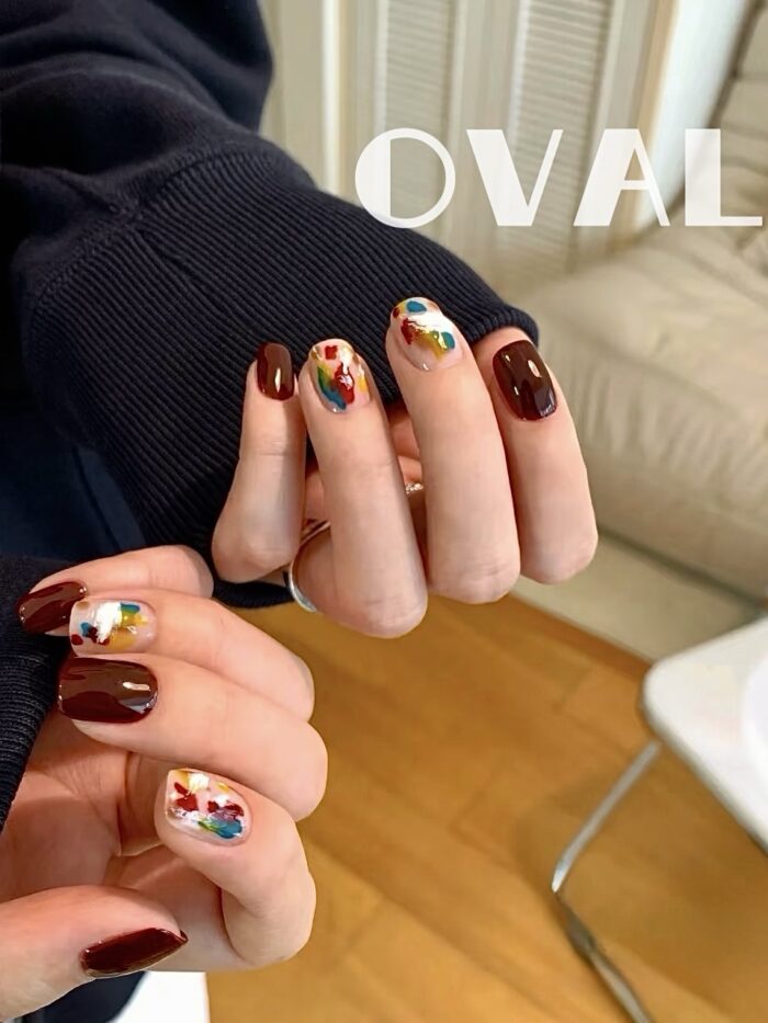 [Cure in 40s with Lamp] Burgundy Splatter Art Gel Nail Wraps (Oval Shape) - 20pcs Self-Adhesive, Instant Hardening Nail Tips - Image 3