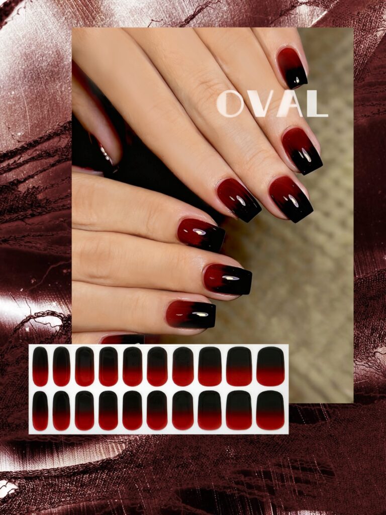 [Cure in 40s with Lamp] Burgundy-to-Black Gradient Gel Nail Wraps (Oval Shape) – 20pcs Self-Adhesive, Turns to Hard Nail Tips Instantly