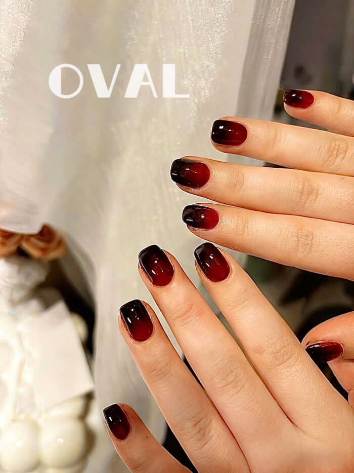 [Cure in 40s with Lamp] Burgundy-to-Black Gradient Gel Nail Wraps (Oval Shape) - 20pcs Self-Adhesive, Turns to Hard Nail Tips Instantly - Image 2