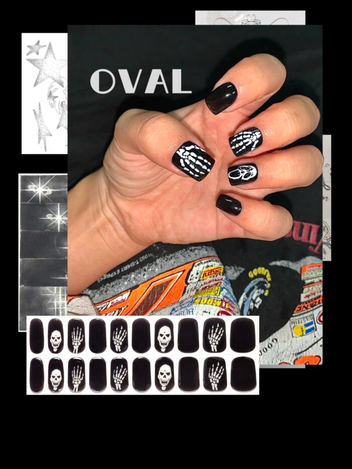 [Cure in 40s with Lamp] Edgy Skeleton Hand Gel Nail Wraps (Oval Shape) - 20pcs Self-Adhesive, Turns to Hard Nail Tips Instantly - Image 1