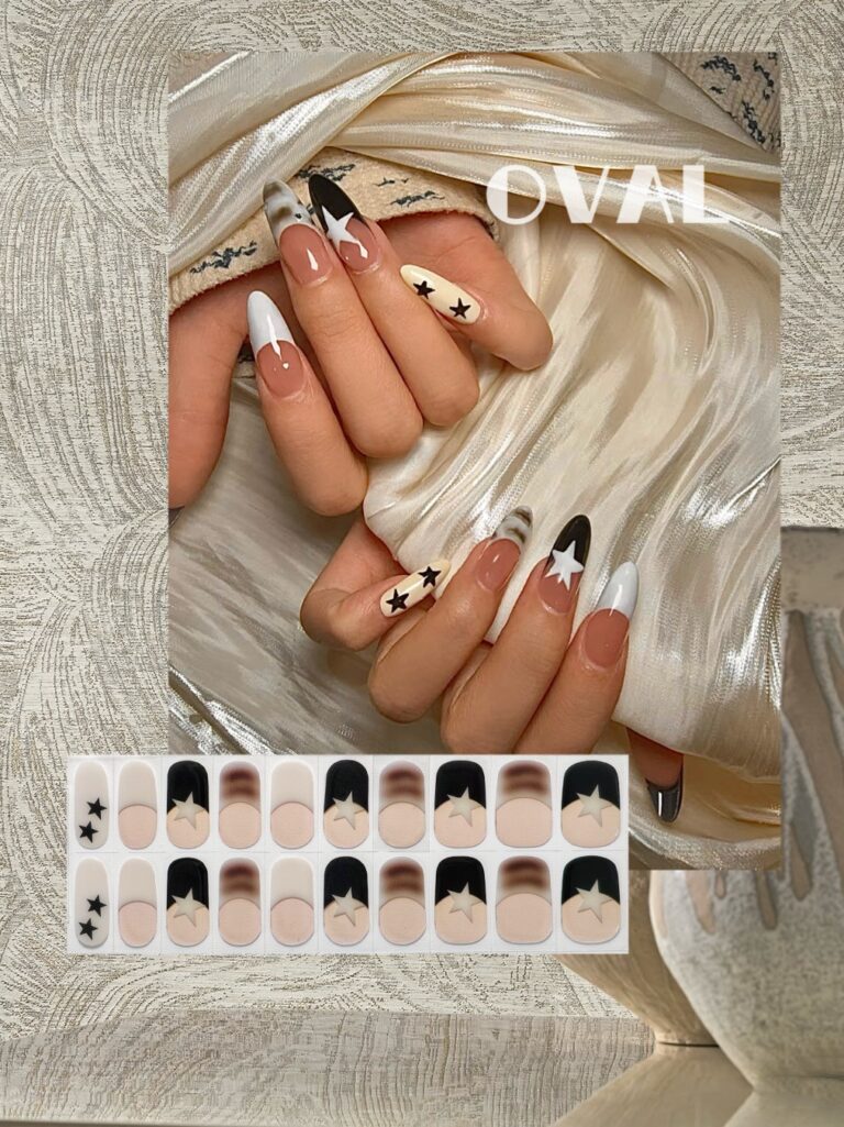[Cure in 40s with Lamp] Edgy Star French Tip Gel Nail Wraps (Oval Shape) – 20pcs Self-Adhesive, Instant Hardening Nail Tips