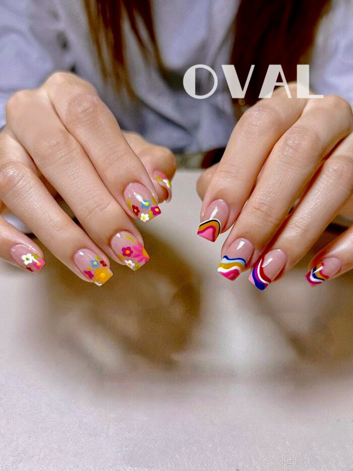 [Cure in 40s with Lamp] Edgy-Sweet Rainbow Floral Gel Nail Wraps (Oval Shape) - 20pcs Self-Adhesive, Instant Hardening Nail Tips - Image 3