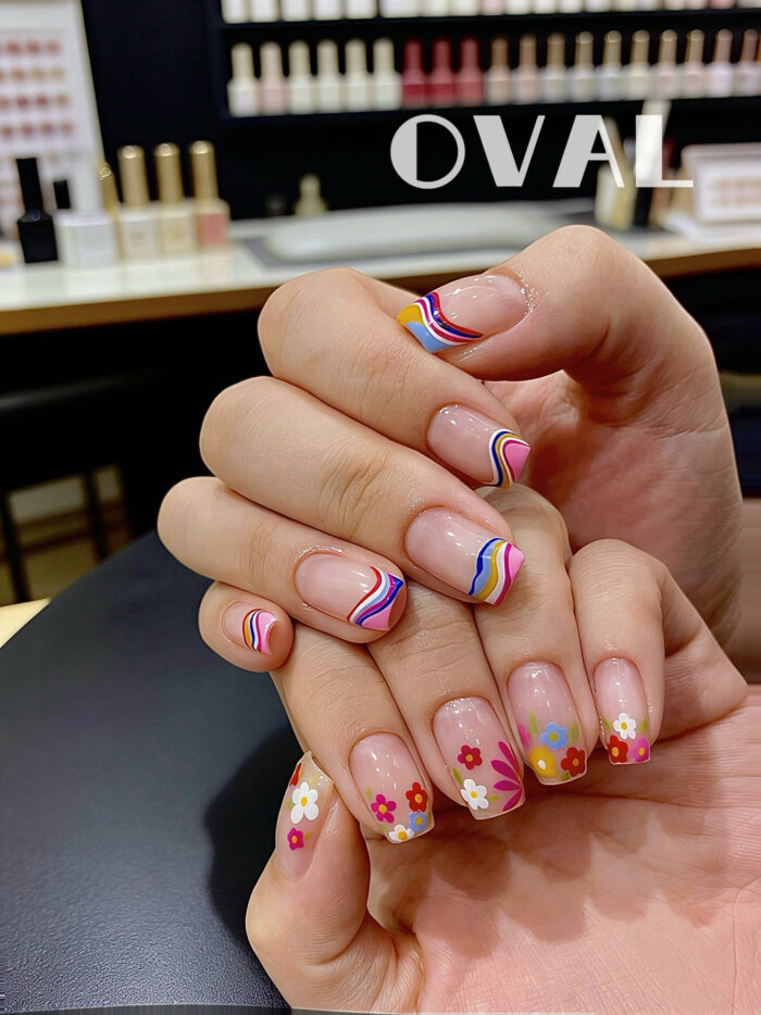 [Cure in 40s with Lamp] Edgy-Sweet Rainbow Floral Gel Nail Wraps (Oval Shape) - 20pcs Self-Adhesive, Instant Hardening Nail Tips - Image 2