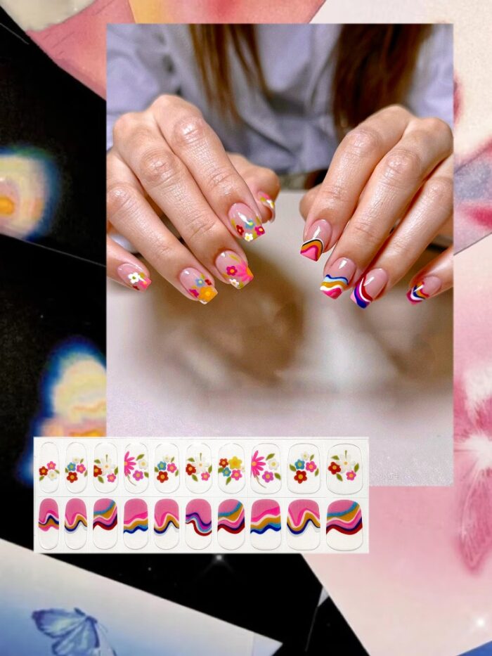[Cure in 40s with Lamp] Edgy-Sweet Rainbow Floral Gel Nail Wraps (Oval Shape) - 20pcs Self-Adhesive, Instant Hardening Nail Tips - Image 1