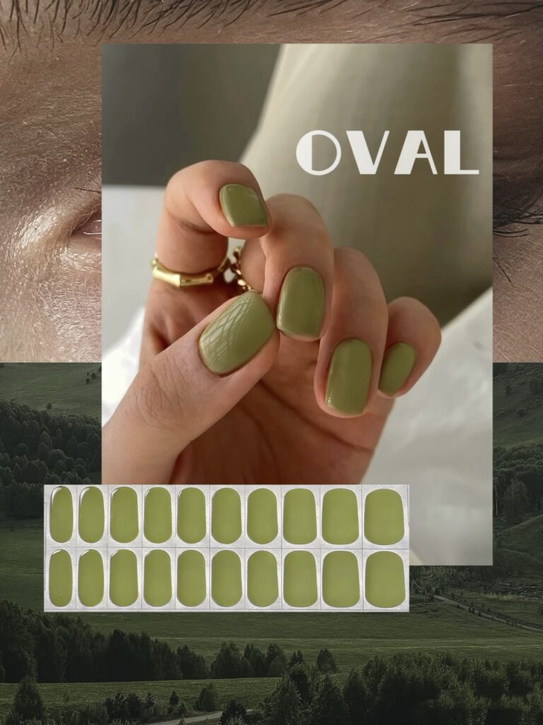 [Cure in 40s with Lamp] Glossy Olive Green Solid Gel Nail Wraps (Oval Shape) – 20pcs Self-Adhesive, Instant Hardening Nail Tips