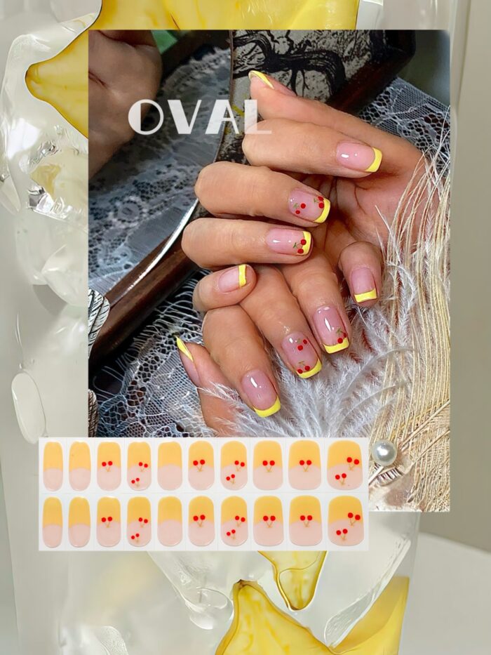 [Cure in 40s with Lamp] Hailey-Style Yellow Cherry French Tip Gel Nail Wraps (Oval Shape) - 20pcs Self-Adhesive, Instant Hardening Nail Tips - Image 1