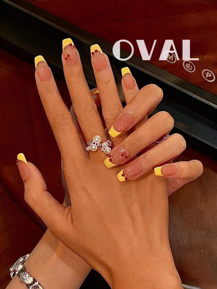 [Cure in 40s with Lamp] Hailey-Style Yellow Cherry French Tip Gel Nail Wraps (Oval Shape) - 20pcs Self-Adhesive, Instant Hardening Nail Tips - Image 3