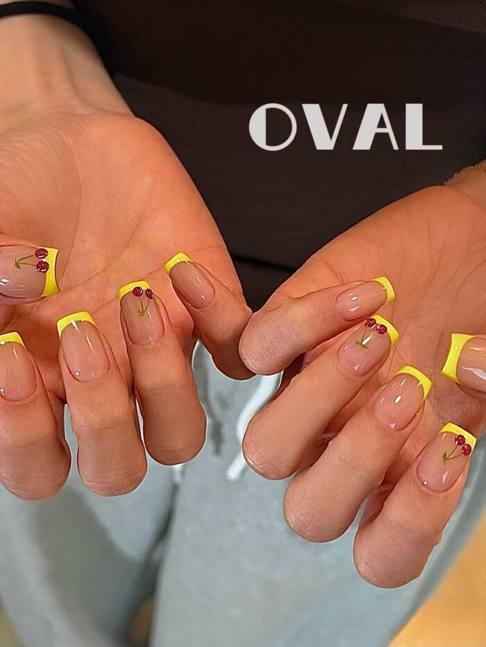 [Cure in 40s with Lamp] Hailey-Style Yellow Cherry French Tip Gel Nail Wraps (Oval Shape) - 20pcs Self-Adhesive, Instant Hardening Nail Tips - Image 2