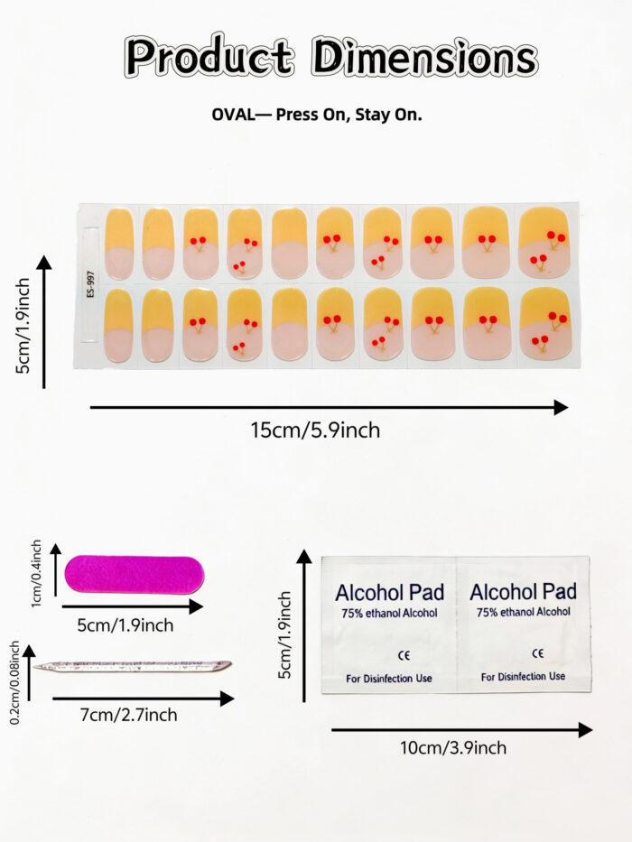 [Cure in 40s with Lamp] Hailey-Style Yellow Cherry French Tip Gel Nail Wraps (Oval Shape) - 20pcs Self-Adhesive, Instant Hardening Nail Tips - Image 4