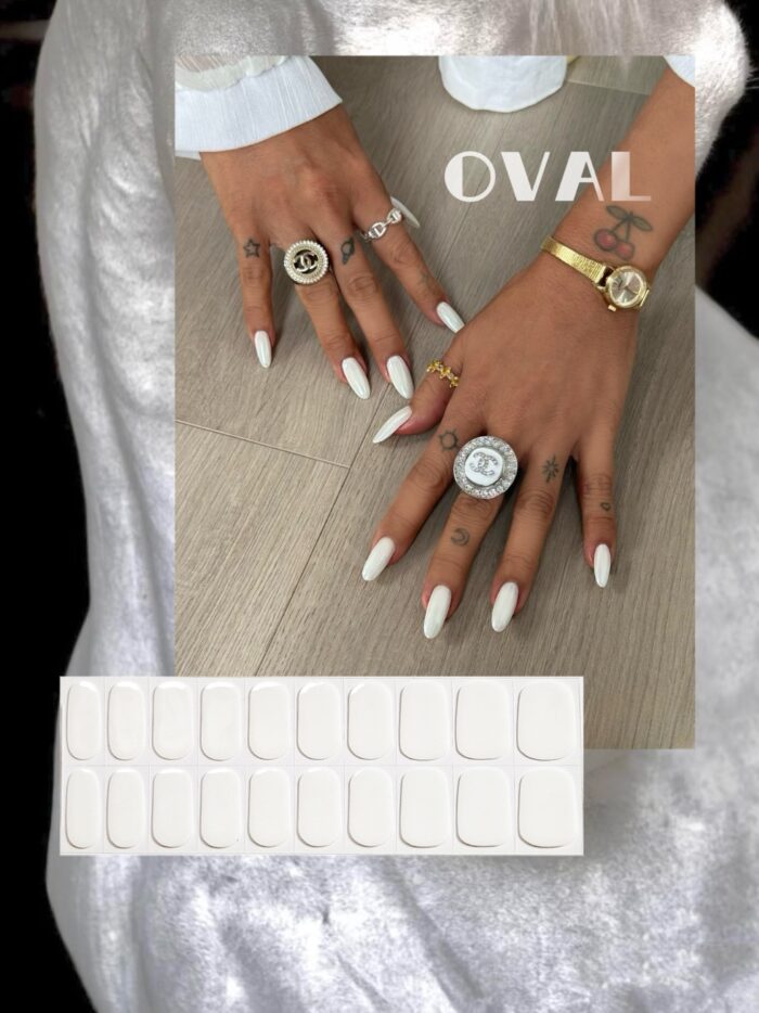 [Cure in 40s with Lamp] Hailey White Glossy Nail Wraps with Subtle Shimmer (Oval Shape) - 20pcs Self-Adhesive, Instant Hardening Nail Tips - Image 1