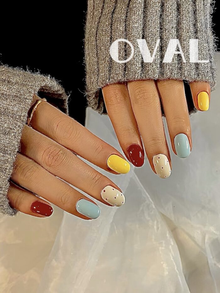 [Cure in 40s with Lamp] Macaron Polka Dot Color-Block Gel Nail Wraps (Oval Shape) - 20pcs Self-Adhesive, Instant Hardening Nail Tips - Image 3