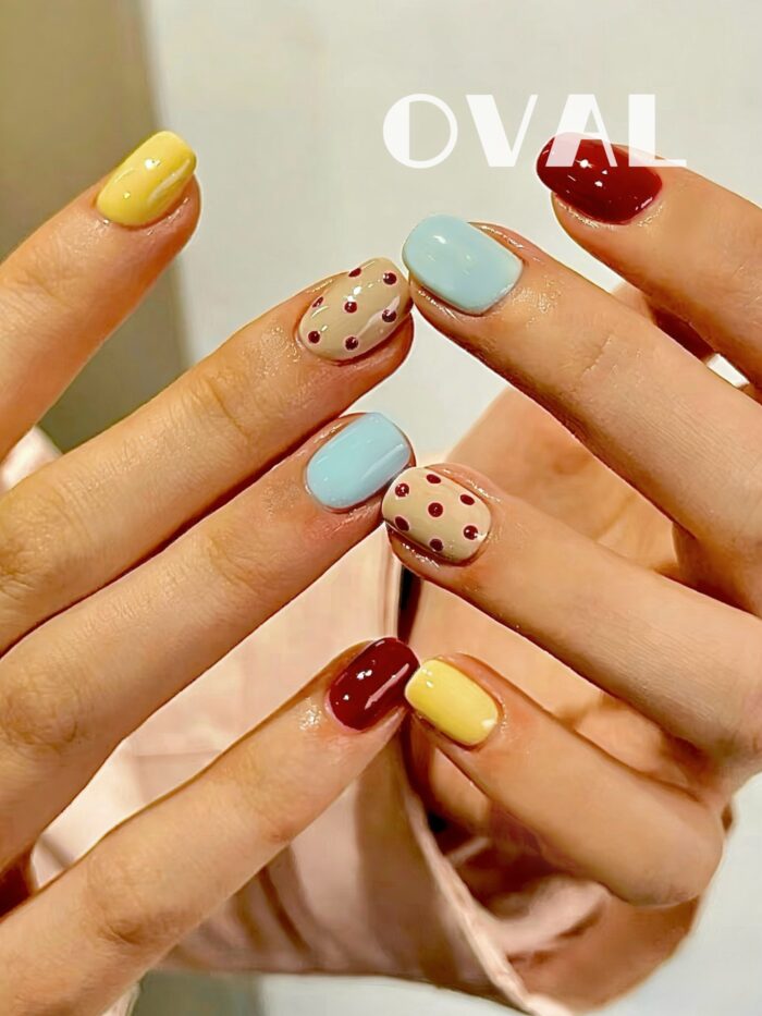[Cure in 40s with Lamp] Macaron Polka Dot Color-Block Gel Nail Wraps (Oval Shape) - 20pcs Self-Adhesive, Instant Hardening Nail Tips - Image 2