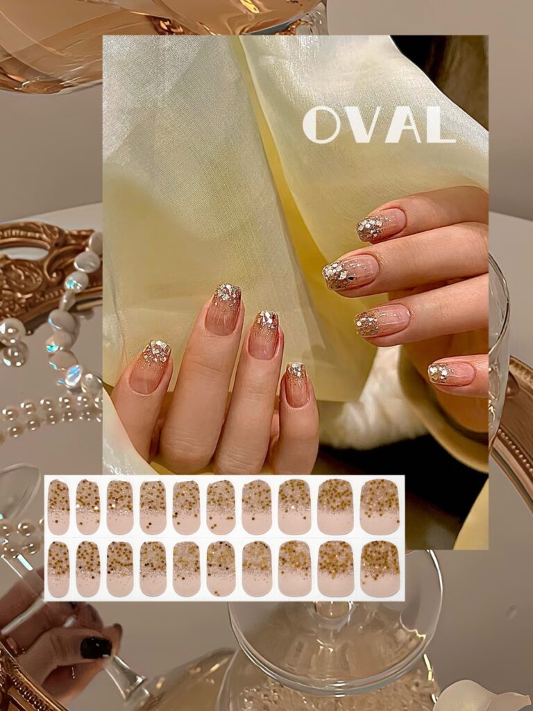 [Cure in 40s with Lamp] Nude Pink Glitter Gradient Gel Nail Wraps (Oval Shape) – 20pcs Self-Adhesive, Instant Hardening Nail Tips