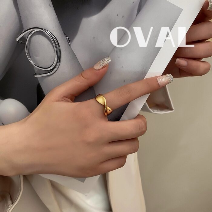 OVAL 18K Gold-Plated Twisted Wide Band Adjustable Open Ring | Retro-Lazy Statement Ring - Image 1