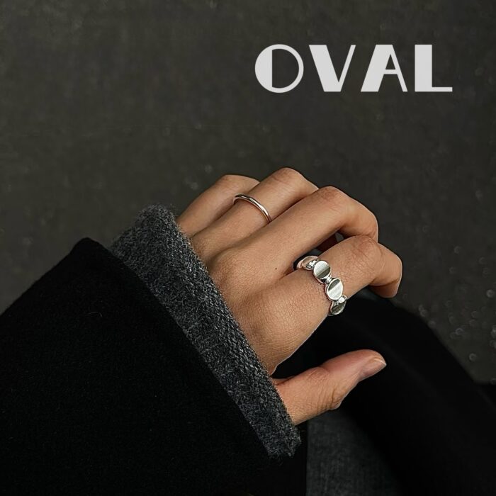 OVAL Crinkled Silver Stacked Sterling Silver Adjustable Ring | Minimalist Stackable Statement Ring - Image 1