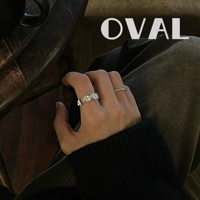 OVAL Crinkled Silver Stacked Sterling Silver Adjustable Ring | Minimalist Stackable Statement Ring - Image 2