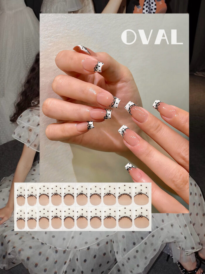 OVAL Lace Polka Dot French Gel Nail Wraps | 40-Second UV Cure Turns Wraps to Hard Tips – Elegant Sweet-Cool Manicure Stickers - Image 1