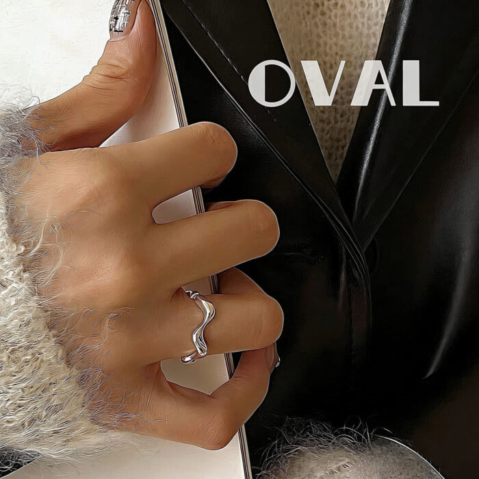 OVAL Liquid Wave Textured Sterling Silver Adjustable Ring | Minimalist Stackable Statement Ring - Image 1