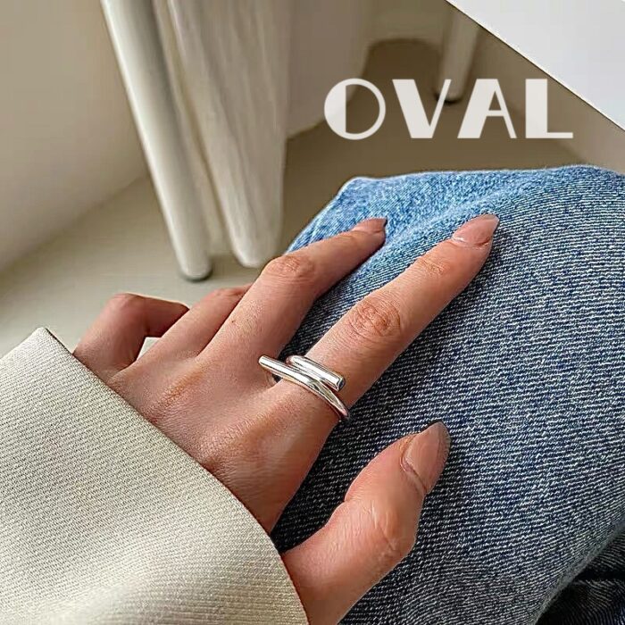 OVAL Minimalist Intertwined Double Band Sterling Silver Adjustable Ring | Stackable Statement Ring - Image 1
