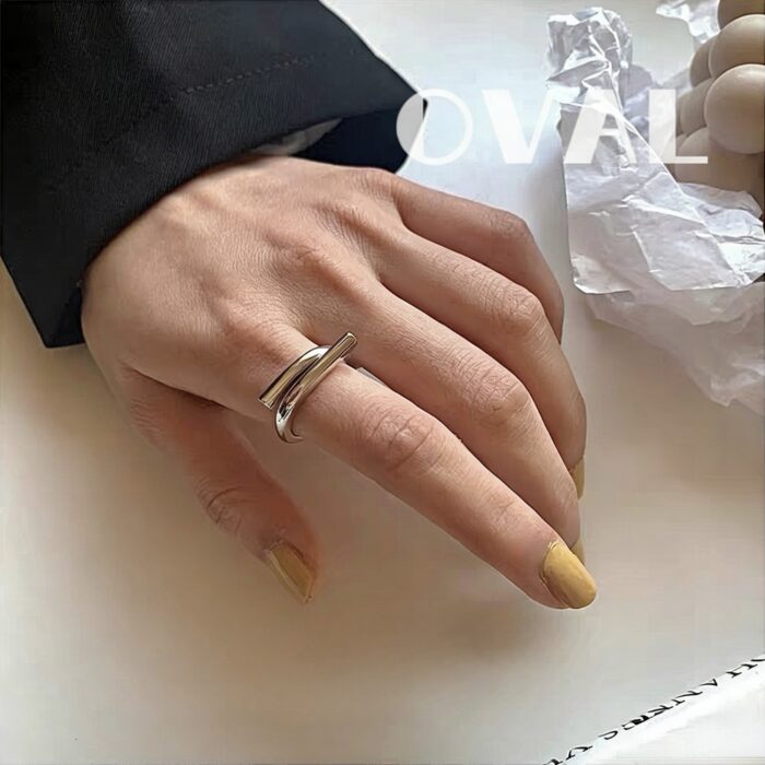 OVAL Minimalist Intertwined Double Band Sterling Silver Adjustable Ring | Stackable Statement Ring - Image 2