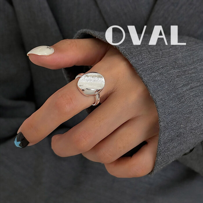 OVAL Textured Oval Sterling Silver Adjustable Ring | Minimalist Stackable Statement Ring - Image 2