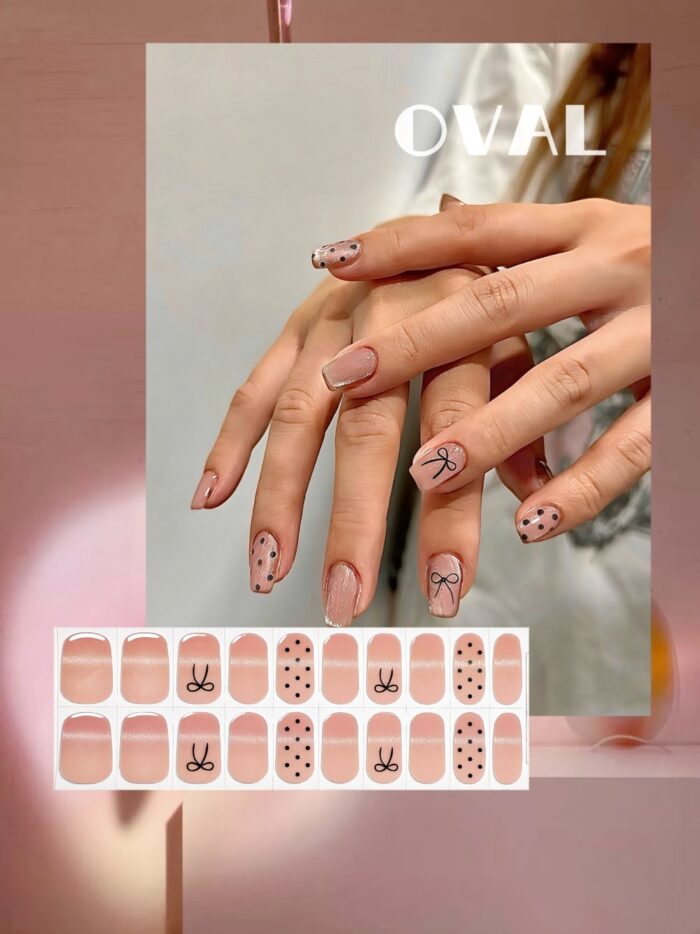 [Cure in 40s with Lamp] Pink Cat Eye Bow & Polka Dot Gel Nail Wraps (Oval Shape) 20pcs Self-Adhesive Instant Hardening Nail Tips - Image 1