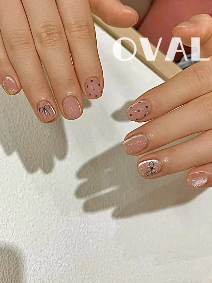 [Cure in 40s with Lamp] Pink Cat Eye Bow & Polka Dot Gel Nail Wraps (Oval Shape) 20pcs Self-Adhesive Instant Hardening Nail Tips - Image 3