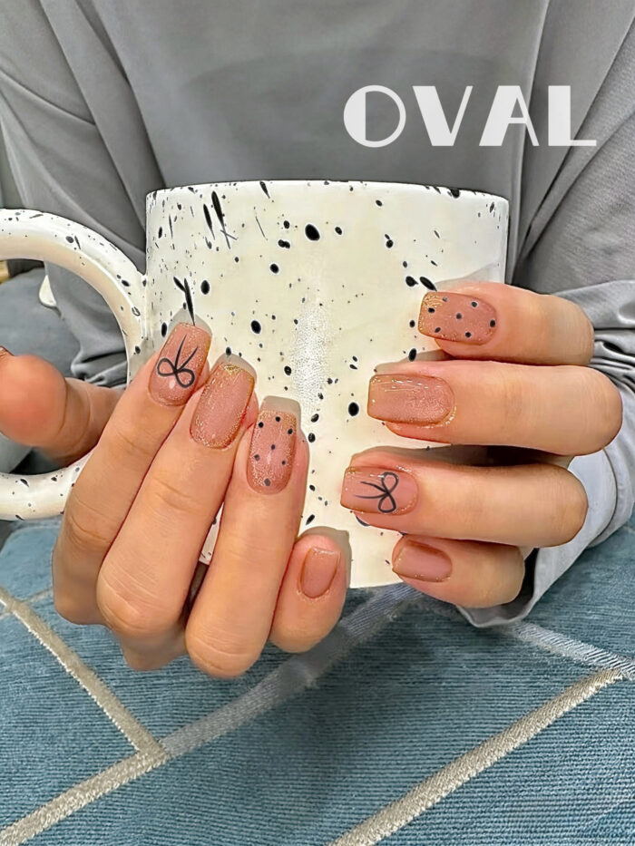 [Cure in 40s with Lamp] Pink Cat Eye Bow & Polka Dot Gel Nail Wraps (Oval Shape) 20pcs Self-Adhesive Instant Hardening Nail Tips - Image 2