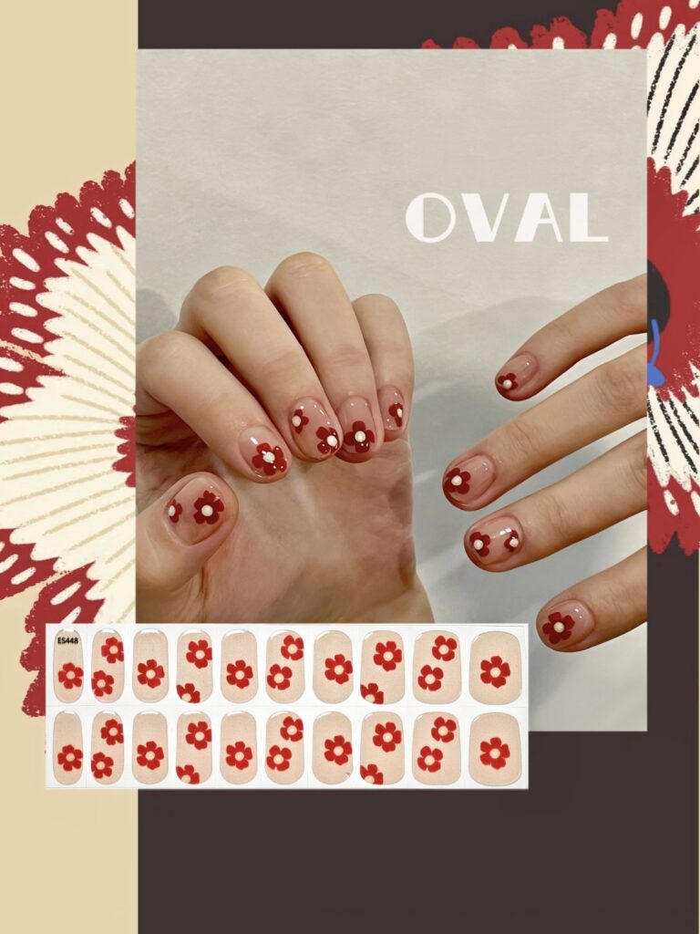 [Cure in 40s with Lamp] Sheer Nude Red Floral Gel Nail Wraps (Oval Shape) – 20pcs Self-Adhesive, Turns to Hard Nail Tips Instantly