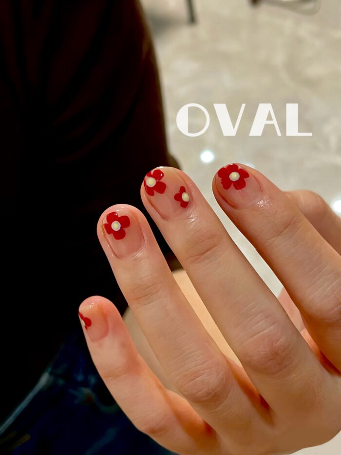 [Cure in 40s with Lamp] Sheer Nude Red Floral Gel Nail Wraps (Oval Shape) - 20pcs Self-Adhesive, Turns to Hard Nail Tips Instantly - Image 2