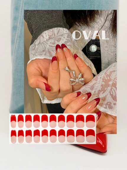 [Cure in 40s with Lamp] Sheer Nude Red French Tip Gel Nail Wraps (Oval Shape) - 20pcs Self-Adhesive, Turns to Hard Nail Tips Instantly