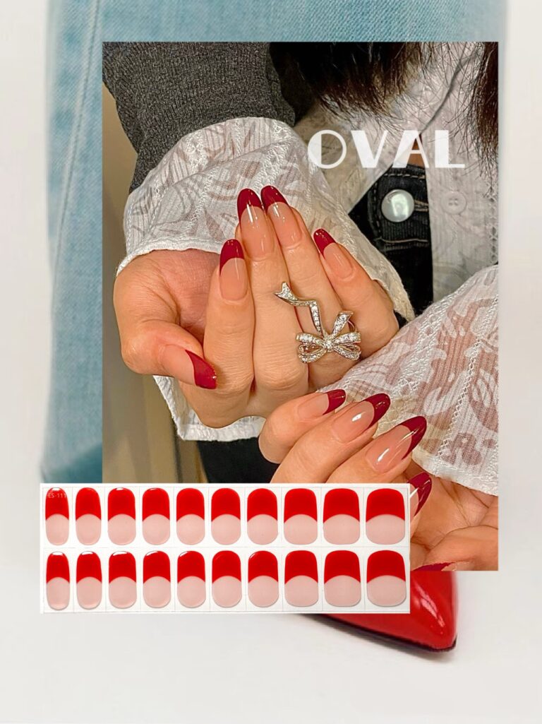 [Cure in 40s with Lamp] Sheer Nude Red French Tip Gel Nail Wraps (Oval Shape) – 20pcs Self-Adhesive, Turns to Hard Nail Tips Instantly
