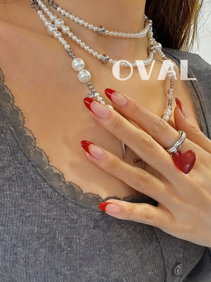 [Cure in 40s with Lamp] Sheer Nude Red French Tip Gel Nail Wraps (Oval Shape) - 20pcs Self-Adhesive, Turns to Hard Nail Tips Instantly - Image 2