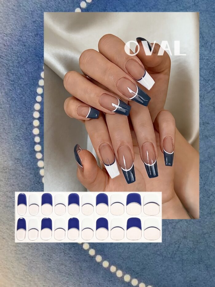 [Cure in 40s with Lamp] Sheer Skin-Tone Blue & White French Tip Gel Nail Wraps (Oval Shape) - 20pcs Self-Adhesive, Instant Hardening Nail Tips - Image 1