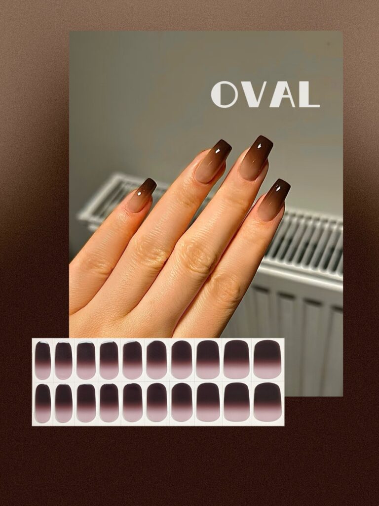 [Cure in 40s with Lamp] Siamese Cat-Inspired Brown Gradient Gel Nail Wraps (Oval Shape) – 20pcs Self-Adhesive, Instant Hardening Nail Tips