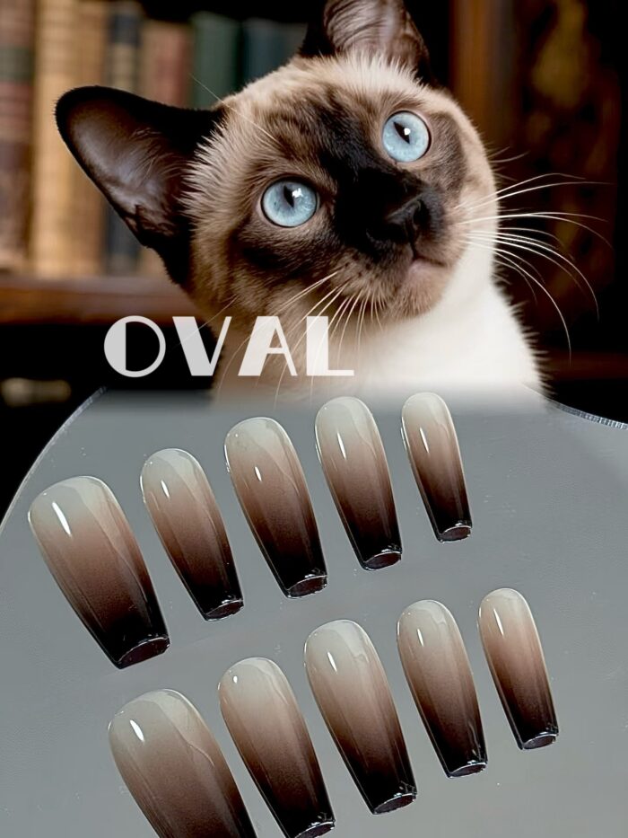[Cure in 40s with Lamp] Siamese Cat-Inspired Brown Gradient Gel Nail Wraps (Oval Shape) – 20pcs Self-Adhesive, Instant Hardening Nail Tips - Image 4