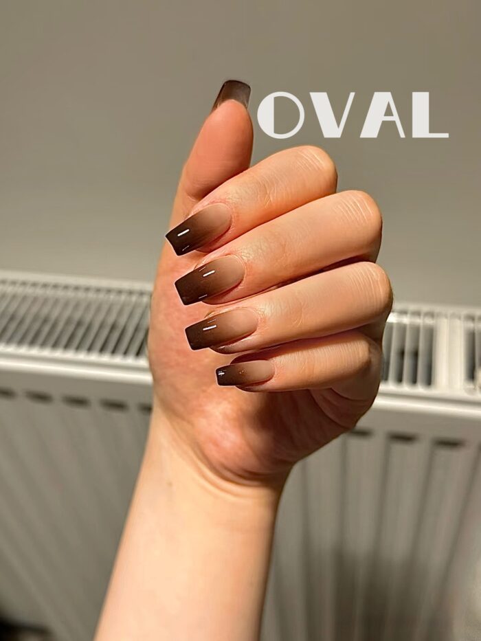 [Cure in 40s with Lamp] Siamese Cat-Inspired Brown Gradient Gel Nail Wraps (Oval Shape) – 20pcs Self-Adhesive, Instant Hardening Nail Tips - Image 3