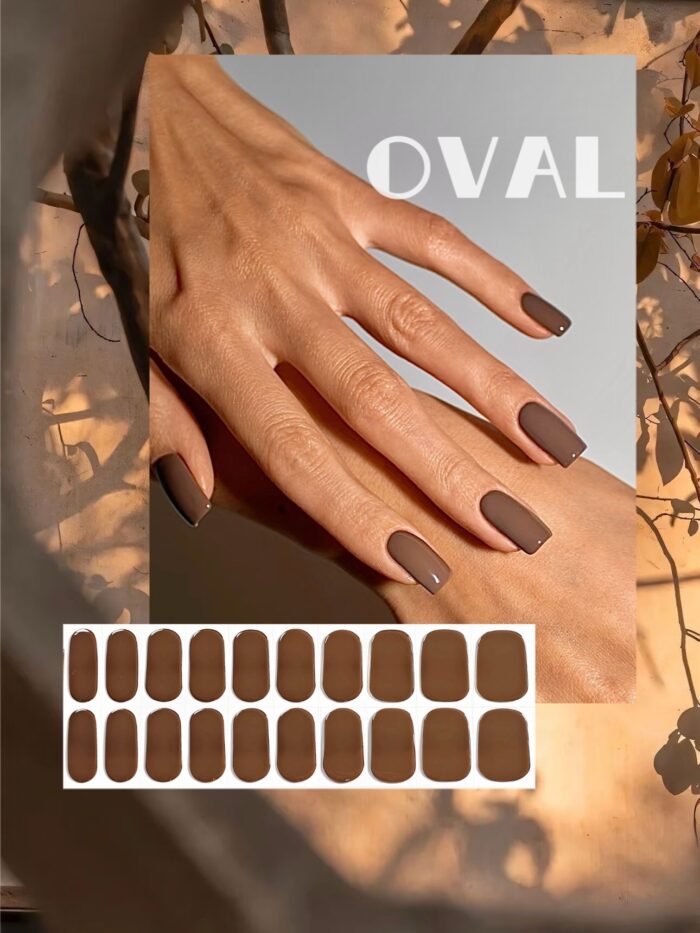 [Cure in 40s with Lamp] Soft Matte Coffee Gel Nail Wraps (Oval Shape) - 20pcs Self-Adhesive, Instant Hardening Nail Tips - Image 1
