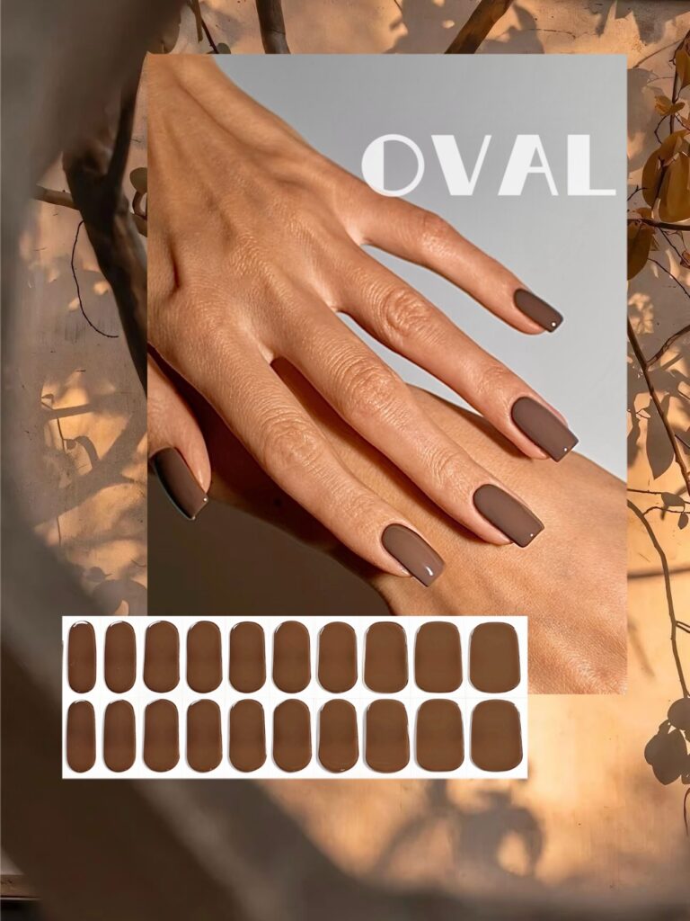 [Cure in 40s with Lamp] Soft Matte Coffee Gel Nail Wraps (Oval Shape) – 20pcs Self-Adhesive, Instant Hardening Nail Tips