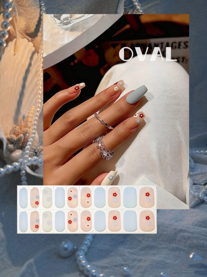 [Cure in 40s with Lamp] Soft Matte Tiny Floral Gel Nail Wraps (Oval Shape) - 20pcs Self-Adhesive, Instant Hardening Nail Tips - Image 1