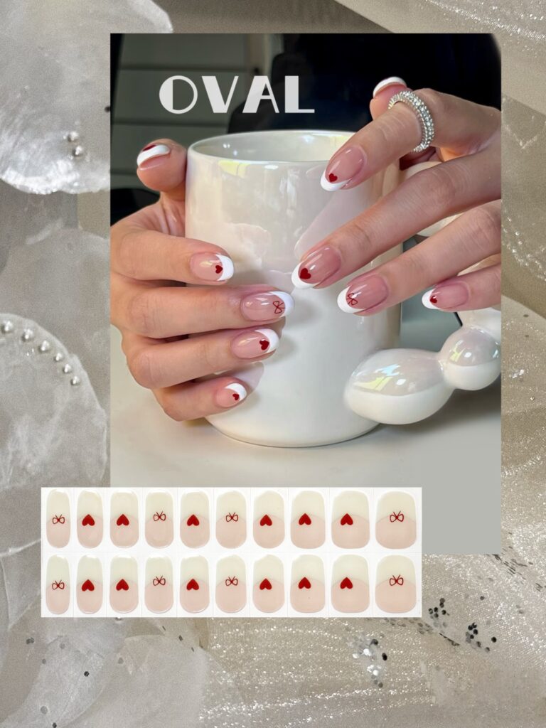 [Cure in 40s with Lamp] Sweetheart Heart & Bow French Tip Gel Nail Wraps (Oval Shape) – 20pcs Self-Adhesive, Instant Hardening Nail Tips