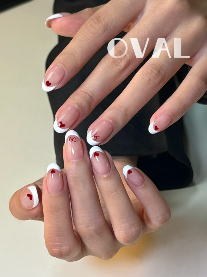 [Cure in 40s with Lamp] Sweetheart Heart & Bow French Tip Gel Nail Wraps (Oval Shape) - 20pcs Self-Adhesive, Instant Hardening Nail Tips - Image 2