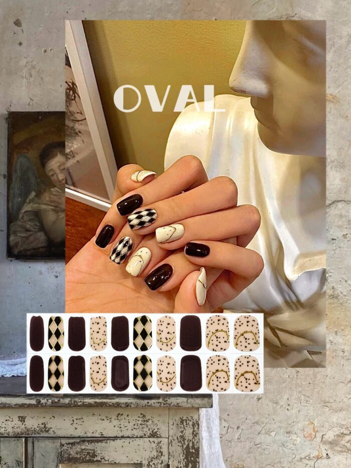 [Cure in 40s with Lamp] Vintage Argyle Dark Brown Gel Nail Wraps (Oval Shape) - 20pcs Self-Adhesive, Instant Hardening Nail Tips - Image 1